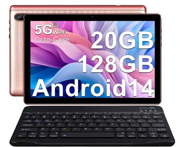 2025 Tablet 10.1'' Android 14 20gb Ram Y 128gb Rom Tf1tb Economicas 2.4g 5g Wifi Octa-core 1.8 Ghz Fhd Widevine L1 6000mah Bt5.0 Con Funda Mouse Teclado Camara Face Id Teclado y Mouse, Rosa, 8 Núcleos